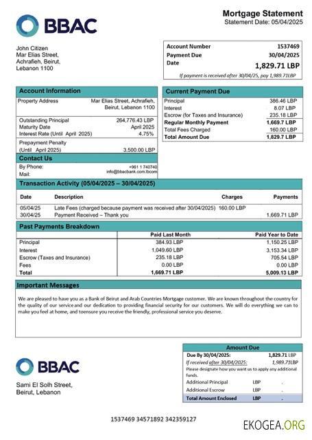 Modèle Word et PDF de relevé hypothécaire de la Banque Libanaise de Beyrouth et des Pays Arabes (BBAC)